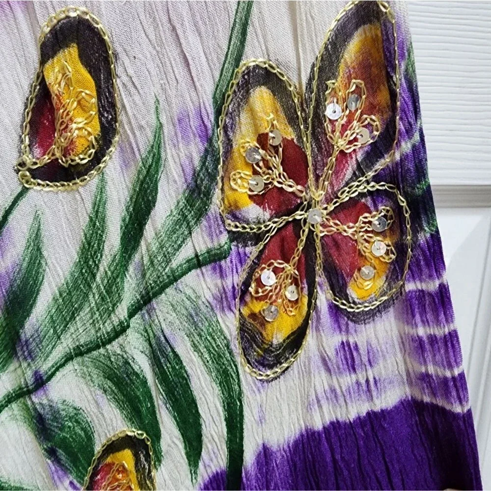 Sante Dress One Size Purple Floral Sequin Rhinestone Embroidered Hi Low Peasant
